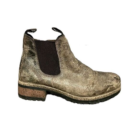 Diba Shoes - Diba True Taupe Distressed Crackle Leather Chunky Block Heel Booties Size 9